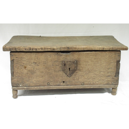 990 - Small boarded oak country made coffer, with split pin hinged top, on later turned supports, W75cm D3... 