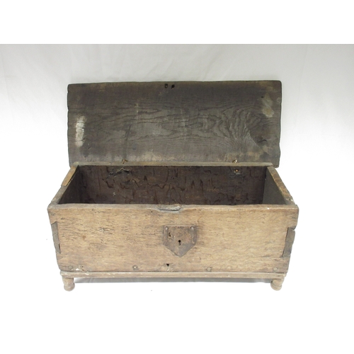 990 - Small boarded oak country made coffer, with split pin hinged top, on later turned supports, W75cm D3... 