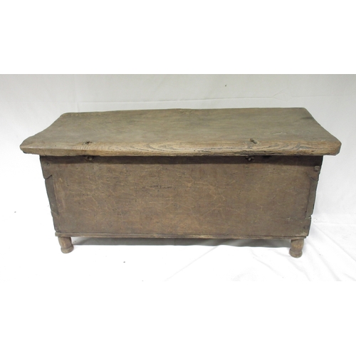 990 - Small boarded oak country made coffer, with split pin hinged top, on later turned supports, W75cm D3... 