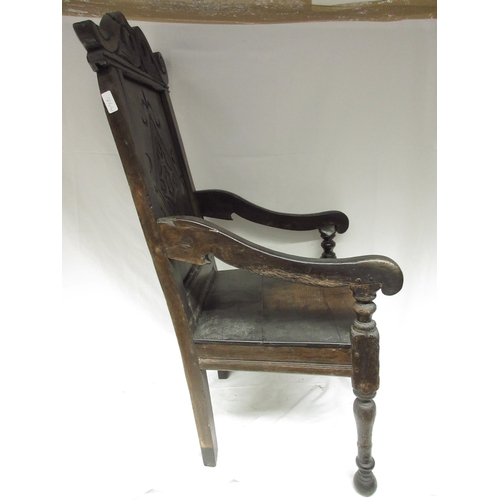 998 - Oak Wainscot type arm chair, lozenge panel back and solid seat on turned supports with ball feet, W6... 