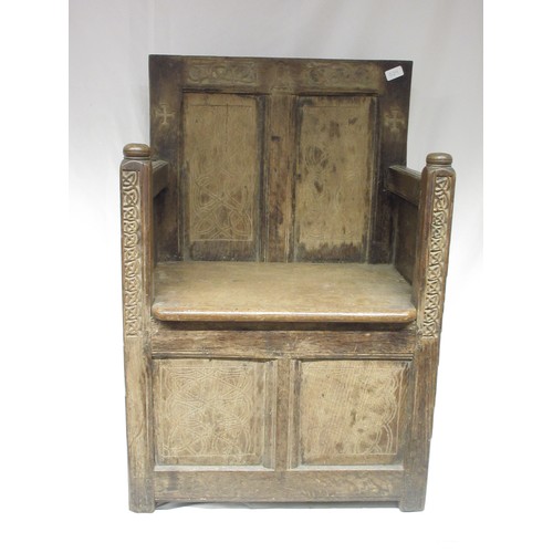 979 - 19th century oak box seat chair, panel back and seat cover, frame carved with Celtic strapwork, W59c... 