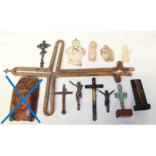 217 - Collection of religious fragments of various ages and styles, to include a copper alloy cruciform br... 