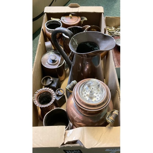 1323 - Various metalware, incl. a large pewter teapot, copper jugs, copper vases, cutlery, etc. (3 boxes)