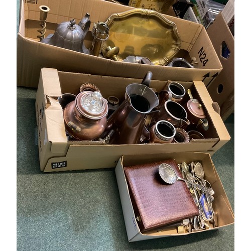 1323 - Various metalware, incl. a large pewter teapot, copper jugs, copper vases, cutlery, etc. (3 boxes)