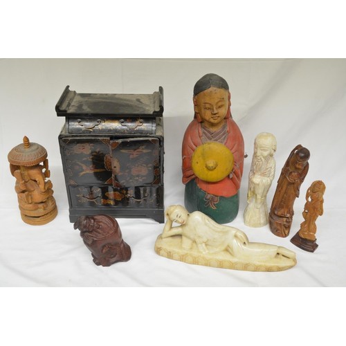 60 - Collection of Japanese and Eastern stone and wood carved figures, and a lacquered Japanese box (Vict... 