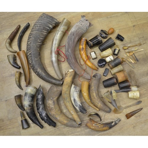 282 - Collection of cow and buffalo horn including carved examples, horn cups, snuff boxes, spoons, shoeho... 