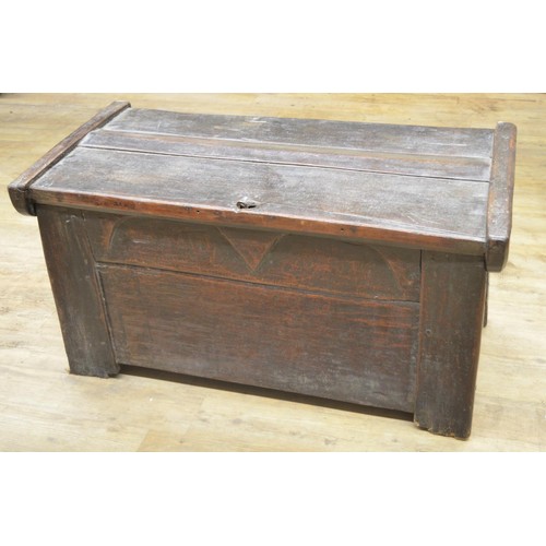 985 - 18th century oak clamp front coffer with hinged top and shaped frieze, W115cm D58cm H58cm (Victor Br... 