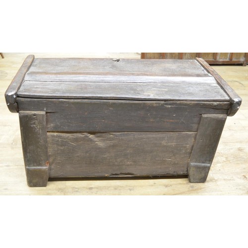 985 - 18th century oak clamp front coffer with hinged top and shaped frieze, W115cm D58cm H58cm (Victor Br... 