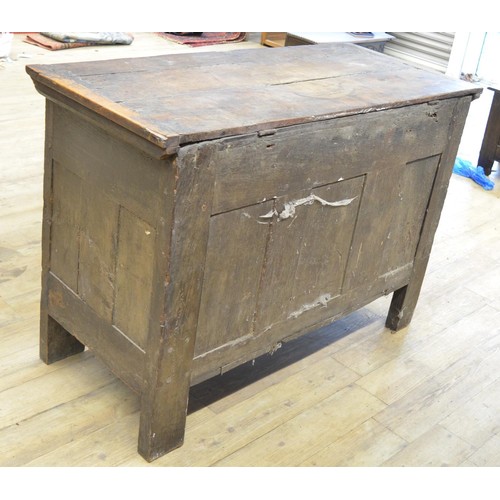 982 - 17th century oak coffer, hinged lid above linen fold and mask head panel front, W137cm D60cm H95cm (... 