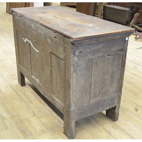 982 - 17th century oak coffer, hinged lid above linen fold and mask head panel front, W137cm D60cm H95cm (... 