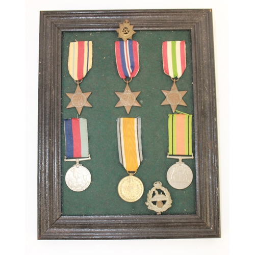 240 - Framed collection of Medals. Africa Star, 1939-45 Star, Italy Star, 1939-45 Defence Medal, War Medal... 