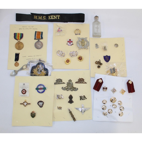 247 - Collection of badges and medals incl. WW1 Victory Medal, War Medal to 32786 Private W. Giolitto of t... 