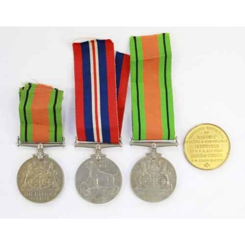 250 - WWII Defence medal x2. 1939-45 War Medal. Masonic coin. Unknown Recipients.