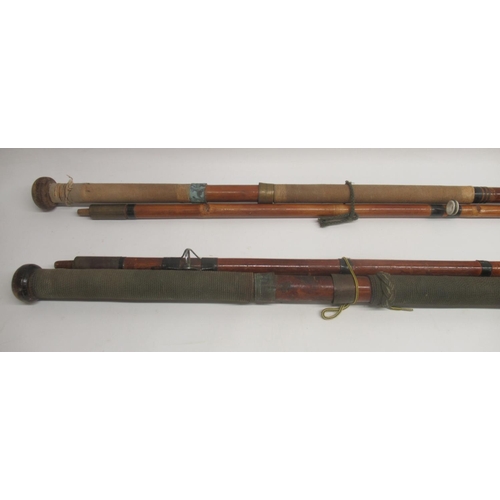 263 - A pair of unmarked circa 1920s bamboo 'Tunny' tuna fishing rods, likely originating from Scarborough... 