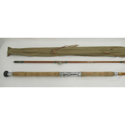 269 - A vintage unmarked split cane pier/boat rod with cork handle, awarded News of the World 'rod of the ... 