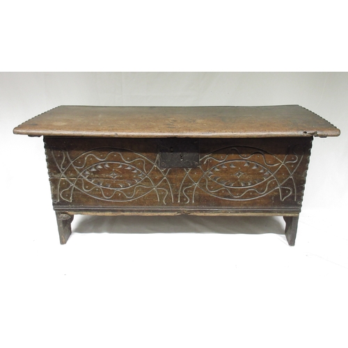 1329 - Victor Brox Collection - 18th century oak boarded coffer, chip carved with scrolls, W96cm D36cm H46c... 