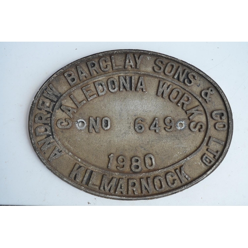 106 - Relief cast metal engine plate, Andrew Barclay Sons & C0 Ltd, No 649, Caledonia Works Kilmarnock 198... 