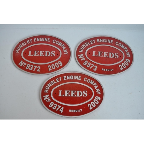 98 - Three relief cast metal Hunslet surface engine loco plates to include No9372, 9373 and 9374 (2009). ... 