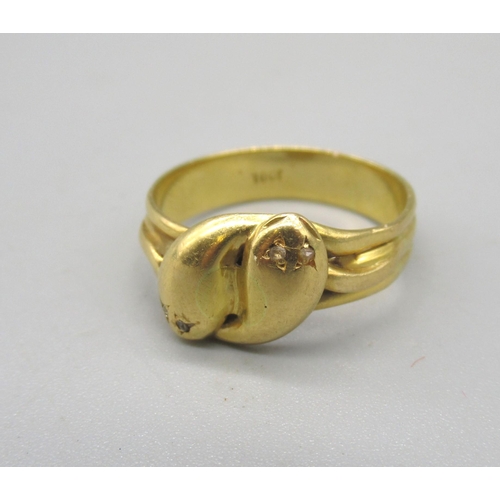 3 - Victorian 18ct yellow gold double snake ring, the heads set with diamond eyes, stamped 18ct, size S1... 
