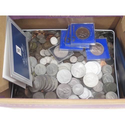 144 - Assorted collection of GB and International coins, loose, in blue fold-out books, and album