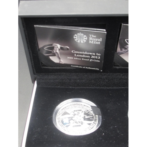 172 - Royal Mint - 'Countdown to London 2012 Four £5 Silver Proof Coin Set', 2009, 2010, 2011 and 2012, ea... 