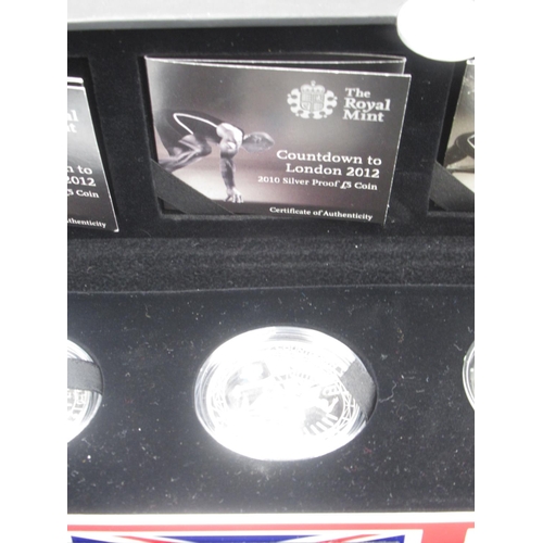 172 - Royal Mint - 'Countdown to London 2012 Four £5 Silver Proof Coin Set', 2009, 2010, 2011 and 2012, ea... 