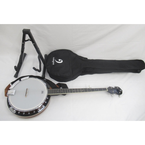 194 - Vangoa 5 string banjo, with Vangoa black travel bag and banjo stand