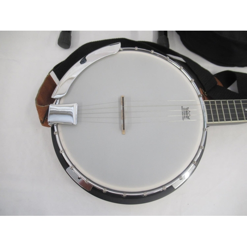 194 - Vangoa 5 string banjo, with Vangoa black travel bag and banjo stand