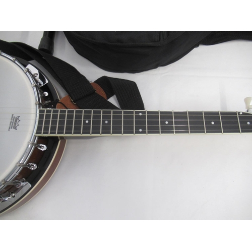 194 - Vangoa 5 string banjo, with Vangoa black travel bag and banjo stand