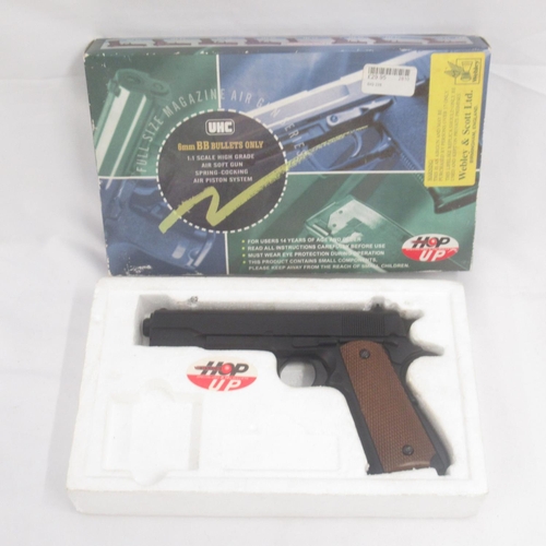 323 - Copperhead Black Fang spring powered .177 caliber air pistol, with metal BB pellets in white donut s... 