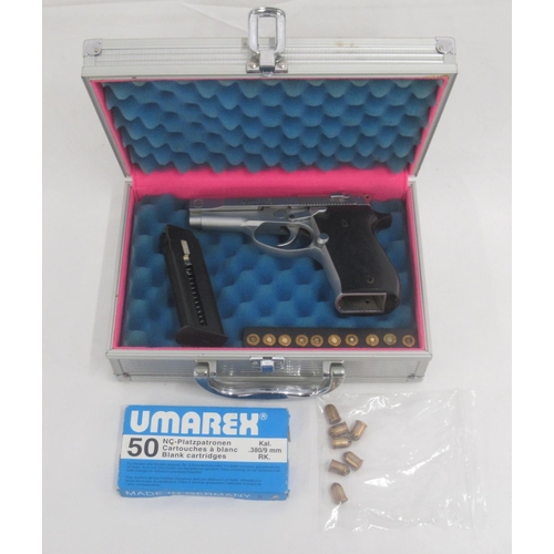 324 - Weihrauch HW 94 S Kal.9mm blank firing pistol, with 7 rnd magazine, in metal case, with Umarex 50 bl... 