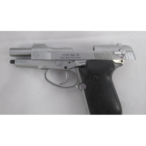 324 - Weihrauch HW 94 S Kal.9mm blank firing pistol, with 7 rnd magazine, in metal case, with Umarex 50 bl... 