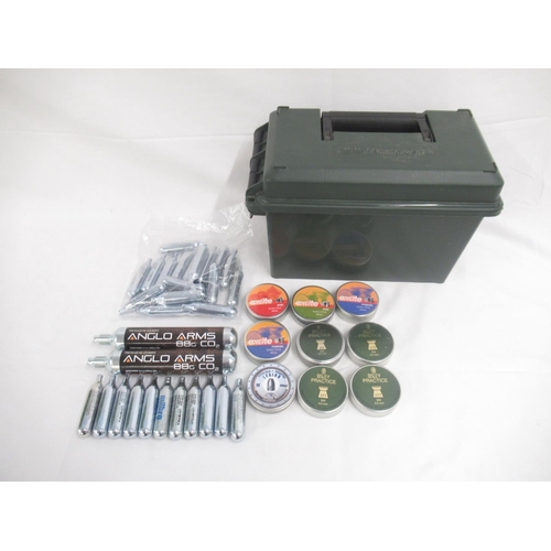 320 - Plastic MTM Case-Card ammo box cont. 9 tins of pellets, 2 88g CO2 canisters and 29 12g CO2 canisters