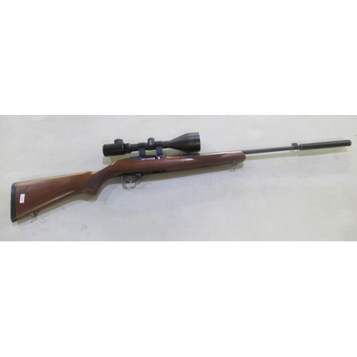 444 - Ruger 10/22 Semi Auto .22 calibre carbine, with fitted moderator and telescopic sight. Serial number... 