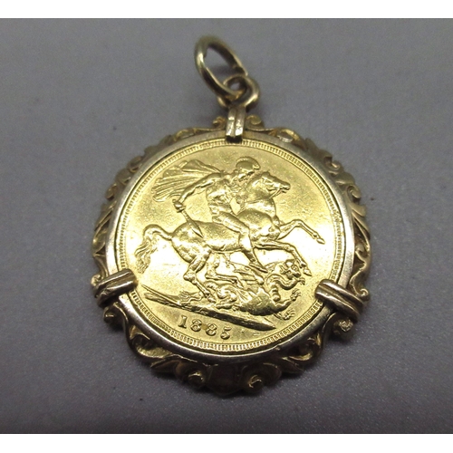 5 - Victoria 1885 sovereign in 9ct yellow gold mount, stamped 375, 12.0g