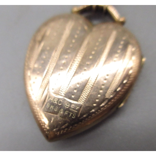 6 - 9ct rose golf heart locket pendant stamped A&C 9ct bks & fts, on yellow metal belcher chain with app... 