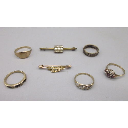 8 - 9ct yellow gold ring set with rubies and white stones, stamped 375, size K, and three more 9ct gold ... 