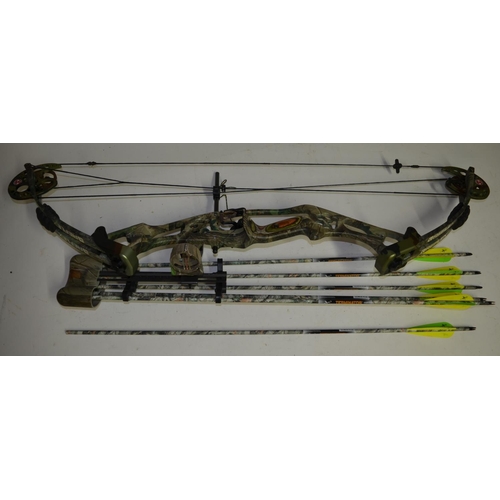 A Reflex Timberwolf archery compound bow with 6 arrows (1 without