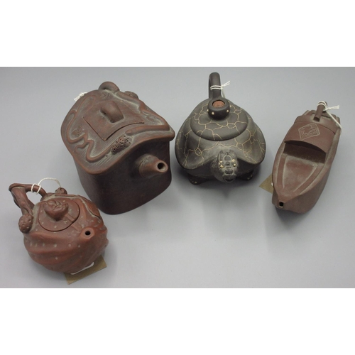 1004 - Chinese Yixing teapot in the form of a nut with a mouse cover, seal at bottom, a black Yixing clay t... 