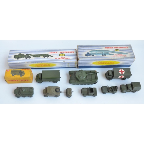 Collection of vintage diecast Dinky Supertoy model vehicles, 3 boxed to include 982 Pullmore Car Transporter (model in good condition with loading ramp, box fair), 660 Tank Transporter (model in excellent condition for age, some minor paint chipping, box good) and 623 Army Covered Wagon (model very good/excellent condition for age, box fair/good with a missing end flap) and 8 other unboxed military vehicles including a Centurion tank, Ambulance (some repainting to red cross area), Field Artillery Tractor with trailer (no gun, both items repainted) etc. Unboxed models condition varies, mostly good (please refer to photos). (11)