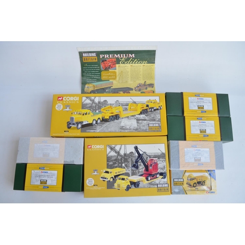 Eight boxed Corgi mostly 1/50 scale diecast limited edition 'Building Britain' series models (including 5x Premium Edition sets each limited to 2000 numbered examples) to include 17702 Wimpey Scammell Constructor & 24 wheel girder load, 31008 Wimpey Bedford S low loader with luffing shovel load and Thames Trader tipper, Premium edition 1/43 scale 07502 Tarmac Land Rover winch and 2 wheel trailer (box factory wrapped/unopened), 22902 Blue Circle Cement Bedford TK tipper (enhanced tooling), 2x 12302 Premium Edition Eastwoods Foden FG 8 wheel platform lorries and 2x 18404 Premium Edition H.E. Musgrave & Sons Ltd Bedford O Artic dropside (one factory tissue wrapped/unopened). All models in as mint/new condition, dust free and complete with unused accessory sets etc, boxes from excellent plus to mint, please refer to photos. Also included an A4 sized one sided advertising poster for the Premium Edition range. Please note all models have been placed in plastic bags to preserve box quality