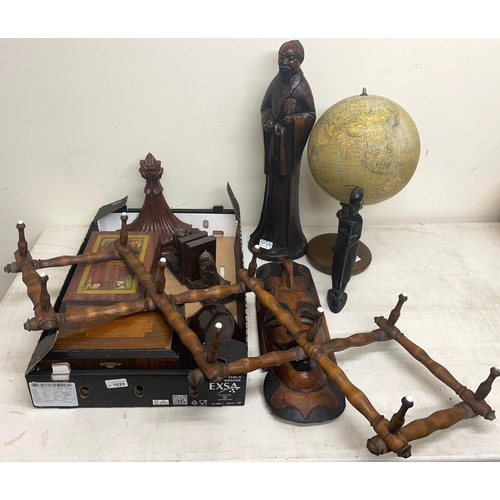 1020 - Collection of wood incl. wall bracket, two decorative boxes, globe, carved wooden figures,  adjustab... 