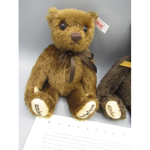 128 - Steiff Ambao Chocolate Belgium Bear Set, pair of brown mohair teddy bears (missing their wooden box)... 