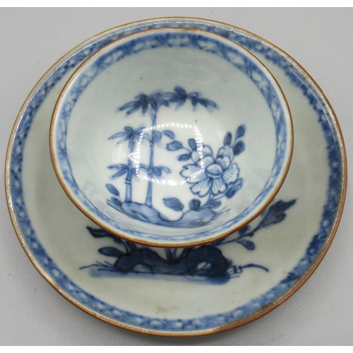 1000 - Nanking cargo porcelain blue and white tea bowl and saucer, with tree and floral decoration, cup D7.... 