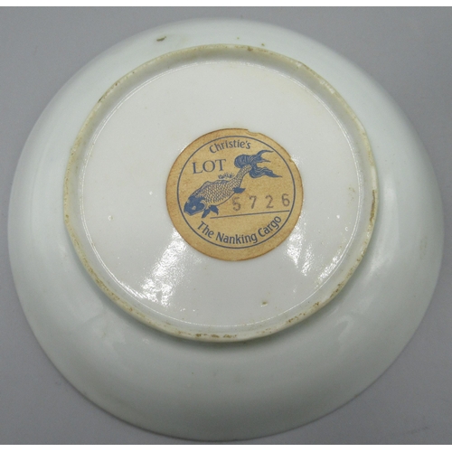 1001 - Nanking cargo porcelain tea bowl and saucer, with tree and floral decoration, cup D7.5cm