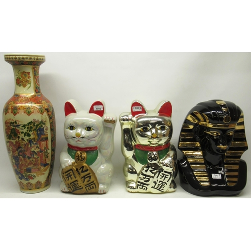 1002 - Collection of large ceramics, two Maneki Neko figures, one painted silver, the other opalescent, a C... 