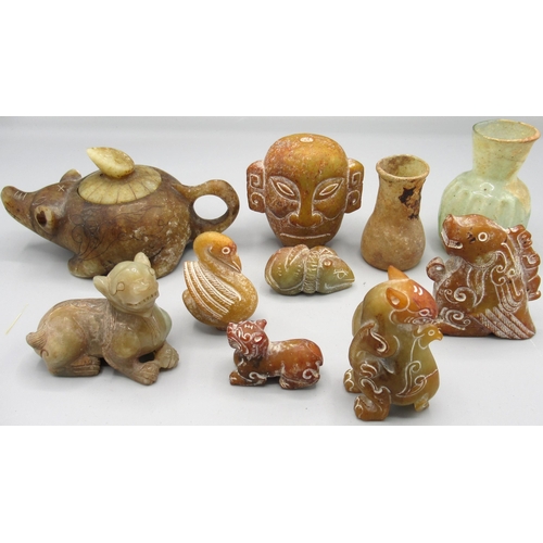 1006 - Carved Chinese jade animals and figures incl two Bixie carvings, two mythical creature carvings, Hon... 