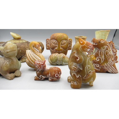 1006 - Carved Chinese jade animals and figures incl two Bixie carvings, two mythical creature carvings, Hon... 