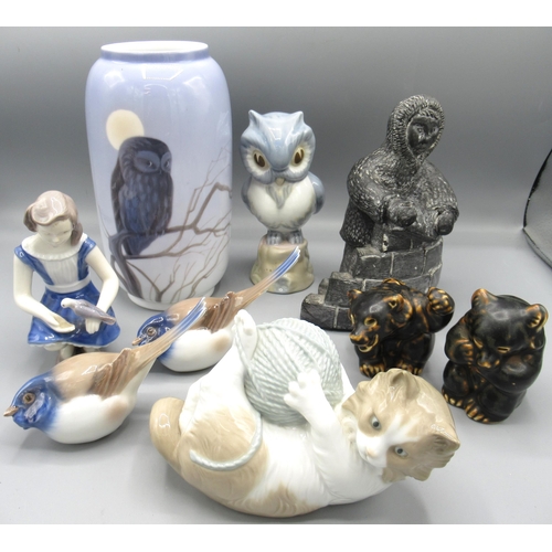 1017 - Royal Copenhagen moonlight owl vase H21cm, Lladro Nao cat with yarn ball figurine, Bing & Grondahl f... 