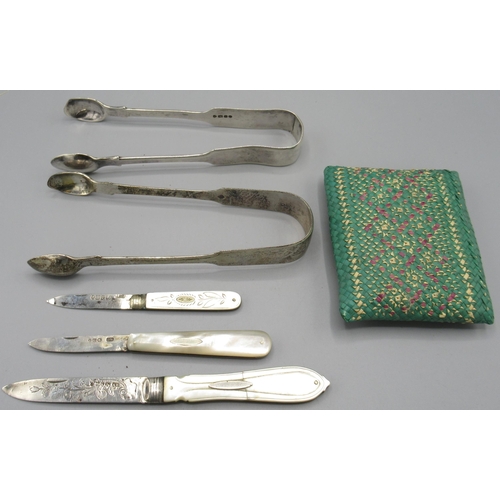 43 - Victorian silver pocket knife with decoratively engraved mother of pearl handle, two other silver an... 